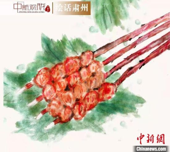 圖為酒泉美食“紅柳烤肉”繪畫作品?！《排d彥 攝
