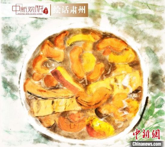 圖為酒泉美食“糊鍋”繪畫作品?！《排d彥 攝