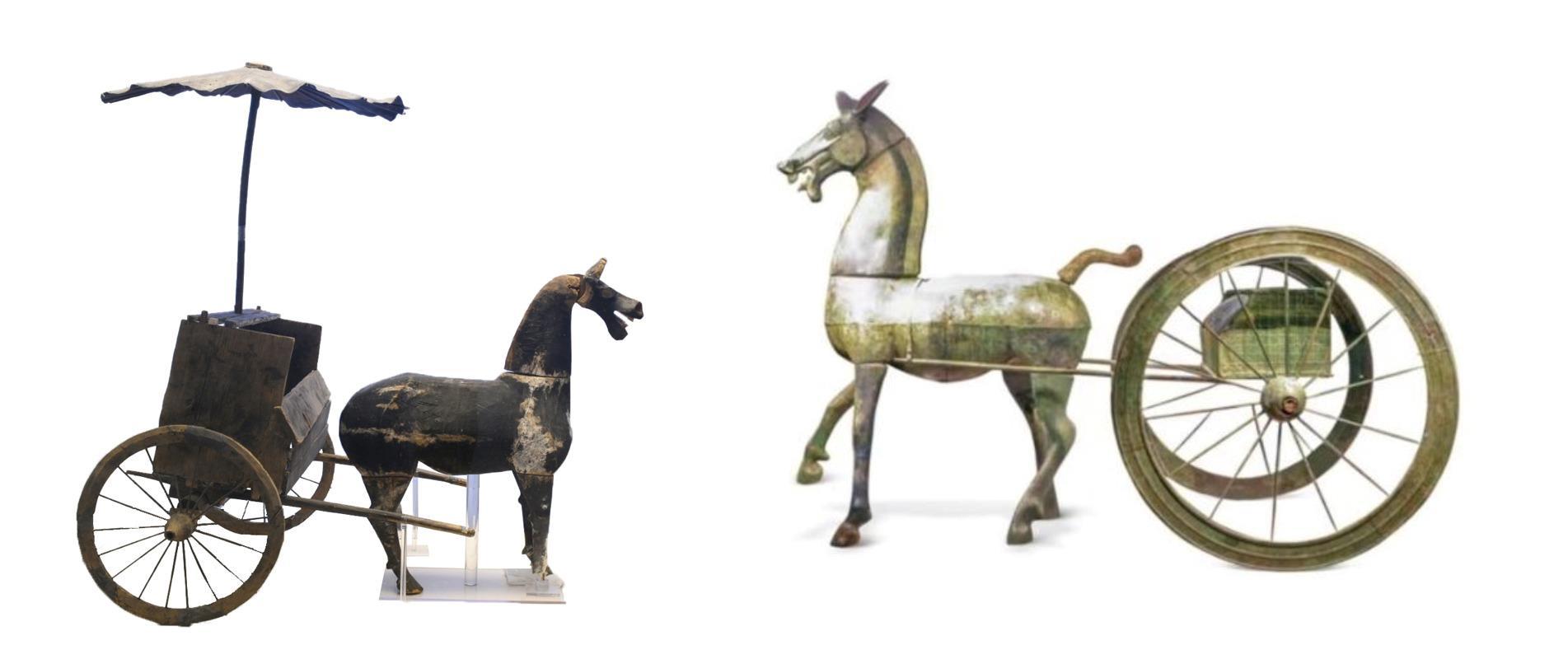 △左為漢代木軺車，藏于青海省博物館；右為東漢銅車馬，藏于黔西南州博物館。